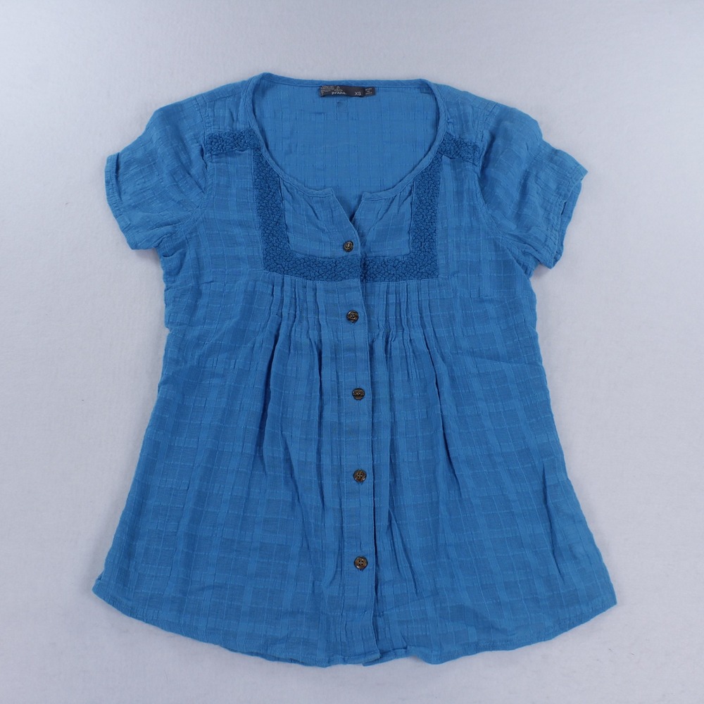 prAna Women's Lucy Lightweight Crinkle Gauze Blouse Blue Crochet Trim Size XS